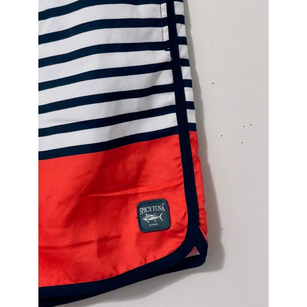 Spicy Tuna‎ Mens Swim Trunks Medium Navy Blue White Red Striped Board Shorts